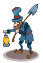 Cartoon Gravedigger holding a Shovel and Lamp.