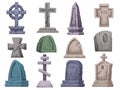 Cartoon graves. Gravestone, ancient RIP tombstone and gothic graveyard memorial crosses vector set Royalty Free Stock Photo