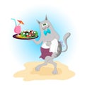 Cartoon gray cat waiter with drinks and salad