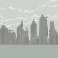 Cartoon gray city of dilapidated skyscrapers in the fog