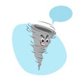 Cartoon gray smiling angry tornado funnel character mascot. Weather and storm symbol. Speaking character with dummy speech bubble.