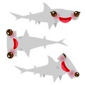 Cartoon gray Smooth hammerhead Winghead shark set. Kawaii with pink cheeks and winking eyes positive smiling on white background.
