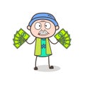 Cartoon Greedy Grandpa Showing Money Vector Illustration