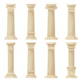 Cartoon greek columns. Cartoon ancient pillars, doric, ionic and corinthian ornaments, antique colonnade decoration flat vector Royalty Free Stock Photo