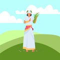 Cartoon Greek god. Demeter with plant harvest. Deity of agriculture and fertility. Divine woman standing on field. Roman