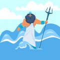 Cartoon Greek god. Poseidon with trident. Ocean waves. Neptune in sea water. Powerful male mythical character. Muscular Royalty Free Stock Photo