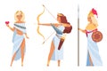 Cartoon Greek gods. Ancient goddesses. Artemis with arrows and bow. Athena holding spear and shield. Beautiful Aphrodite Royalty Free Stock Photo