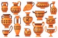 Cartoon greek pots. Ancient pottery ceramic vases, old antique pot jug jars vase, isolated collection craft earthenware Royalty Free Stock Photo