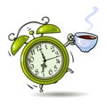 Cartoon green alarm clock with cup of coffee ringing. Wake up time. Sketch style hand drawn vector illustration.