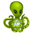 Cartoon green alien octopus holding in tentacles the embryo fish isolated on white background. Vector cartoon close-up