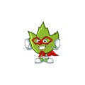 Cartoon green autumn leaves design mascot super hero.