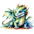 Cartoon green baby dragon isolated on a white background. Fairytale monster. Watercolor illustration Royalty Free Stock Photo