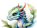 Cartoon green baby dragon isolated on a white background. Fairytale monster. Watercolor illustration Royalty Free Stock Photo