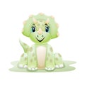 Cartoon green baby triceratops dinosaur sitting