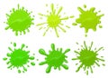 Cartoon green blots. Halloween dripping sticky alien slime splatter isolated vector illustration set. Green sticky slime