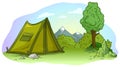 Cartoon green camping tent on grass lawn