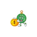 Cartoon green christmas ball with mascot bring coin