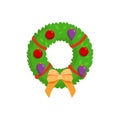 Cartoon green christmas wreath with balls ribbons and bow