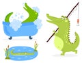 Cartoon green crocodile funny predator australian wildlife river reptile alligator flat vector illustration.