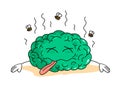 Cartoon green dead brain among flies on white background. Royalty Free Stock Photo