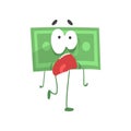 Cartoon green dollar with scared face expression. Funny money character with legs, arms and big eyes. Unit of currency Royalty Free Stock Photo