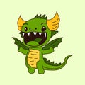 A cartoon of a green dragon dinosaur sticker emoticon for site, info graphics