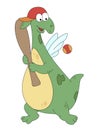Cartoon green dragon hits the ball with the baseball bat