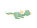 Cartoon green dragon is lying on his stomach. Vector illustration on white background. Royalty Free Stock Photo