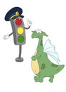Cartoon Green Dragon And Traffic Lights
