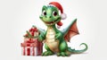 Cartoon green dragon wearing red santa hat with stack of New Year gifts isolated on white background, flat illustration Royalty Free Stock Photo