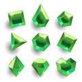 Cartoon green, emerald different shapes crystals