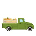 Cartoon green farm truck with harvest .