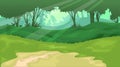 Cartoon green forest background template. Landscape with trees, green grass, bushes and sunlight spots.