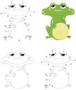 Cartoon green frog. Coloring book and dot to dot game for kids