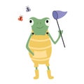 Cartoon green frog in a yellow jumpsuit with a net catching butterflies Royalty Free Stock Photo