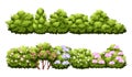 Cartoon green hedge. Decorative bush borders isolated on white background, garden flowering plants, roses and lilacs Royalty Free Stock Photo