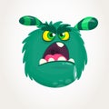 Cartoon green horned monster with angry expression opened mouth full of saliva. Vector illustration isolated.