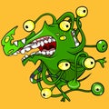 Cartoon green intricately many eyed toothy monster