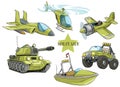 Cartoon green military army vehicles vector set