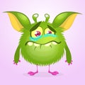 Cartoon green monster crying. Vector illustration of furry round monster. Gremlin or troll character Royalty Free Stock Photo