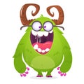 Cartoon green monster nerd wearing glasses. Vector illustration of excited monster character isolated.