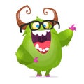 Cartoon green monster nerd wearing glasses. Vector illustration of excited monster character