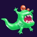 Cartoon green monster tadpole. 3D illustration.