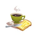 Cartoon green mug with hot coffee, bread with butter and two cubes of sugar. Delicious breakfast concept. Good morning