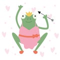 Cartoon green princess frog in a pink dress with a crown and an arrow