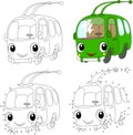 Cartoon green trolleybus. Vector illustration. Coloring and dot