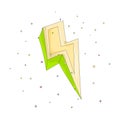 Cartoon green an yellow lightning icon with decoration elements. Simple fun cartoon lightning on white background icon