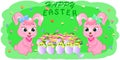 Cartoon greeting card rabbits with easter egs