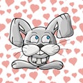 Cartoon grey rabbit with hearts.