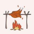 Cartoon grilled chicken on bonfire